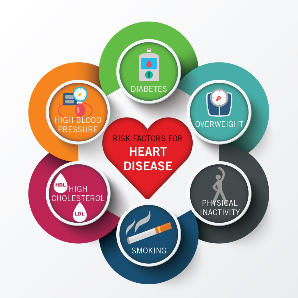 Infographic listing heart disease risk factors: high blood pressure, diabetes, overweight, high cholesterol, smoking, and physical inactivity.