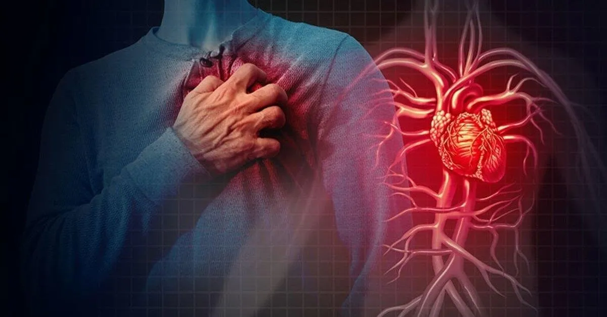 A person clutches their chest in pain, with a digital illustration of a heart and blood vessels in the background, symbolizing heart issues.