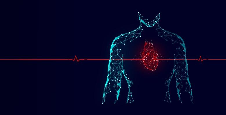 A digital silhouette of a human torso with a glowing heart, surrounded by a heartbeat line against a dark background.