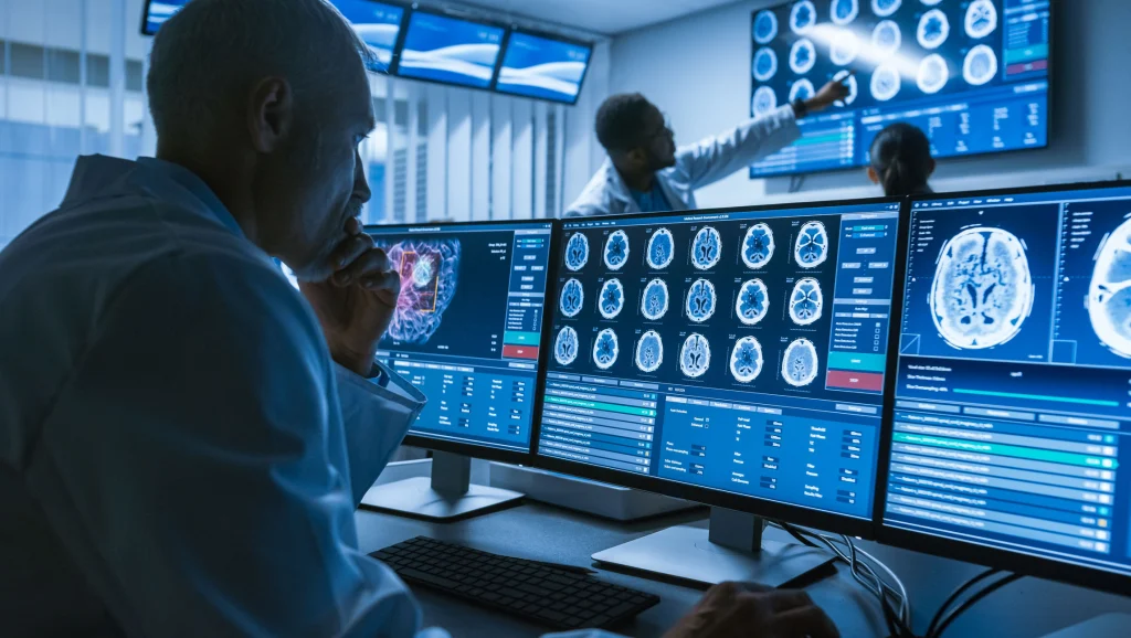 A team of medical professionals analyzes brain scan images on multiple screens in a high-tech diagnostic room.