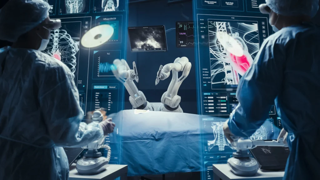 Surgeons operate with advanced robotic arms, surrounded by holographic medical imaging and data displays in a modern surgical room.