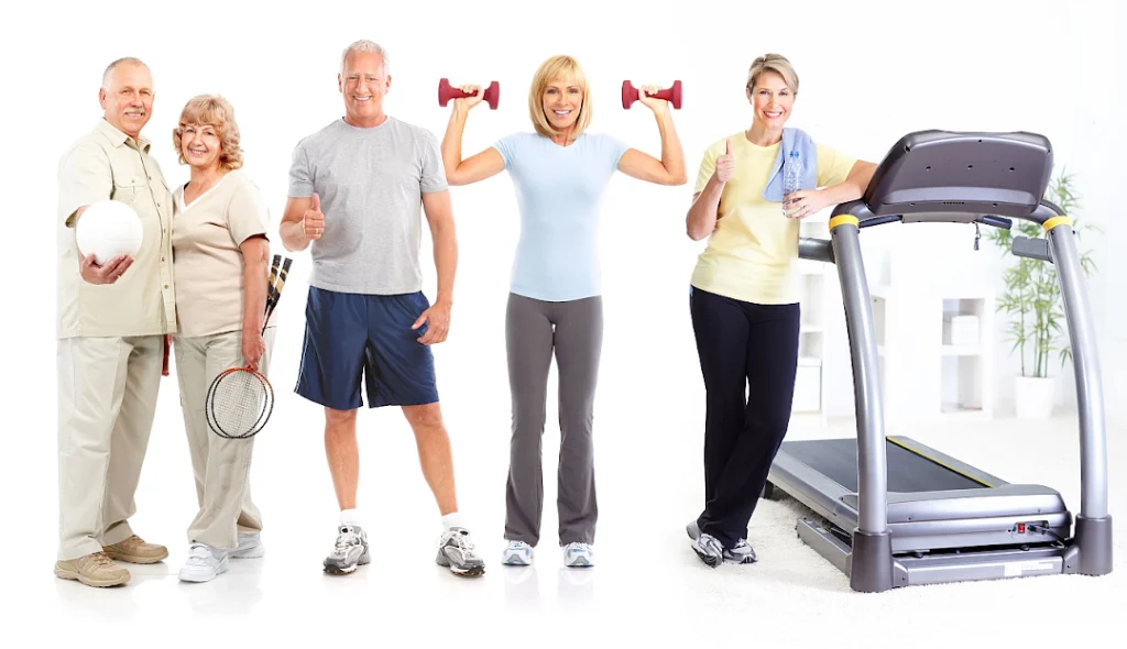 A group of diverse individuals engages in various fitness activities, including weightlifting, tennis, and jogging on a treadmill.