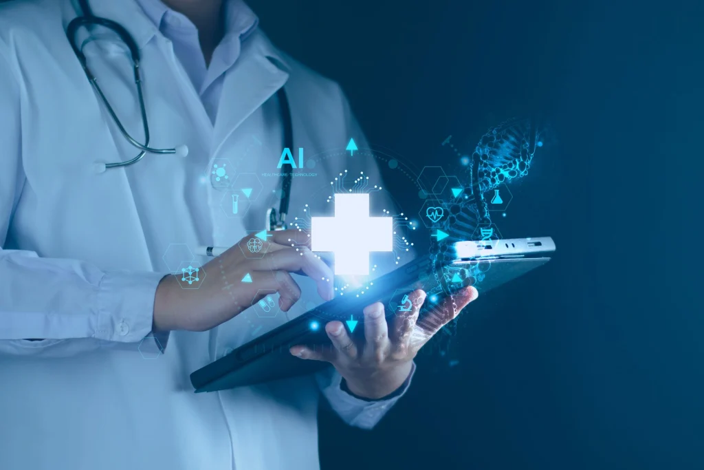 A healthcare professional in a white coat uses a tablet, surrounded by digital symbols representing AI and medical technology.