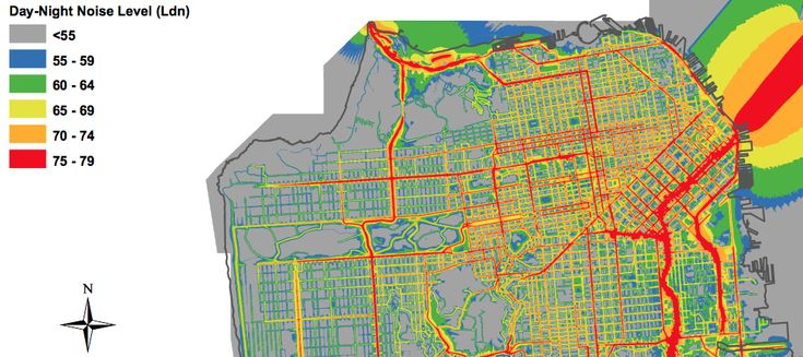 Map of San Francisco displaying areas by day-night noise levels, ranging from blue (low) to red (high). Legend indicates noise categories.