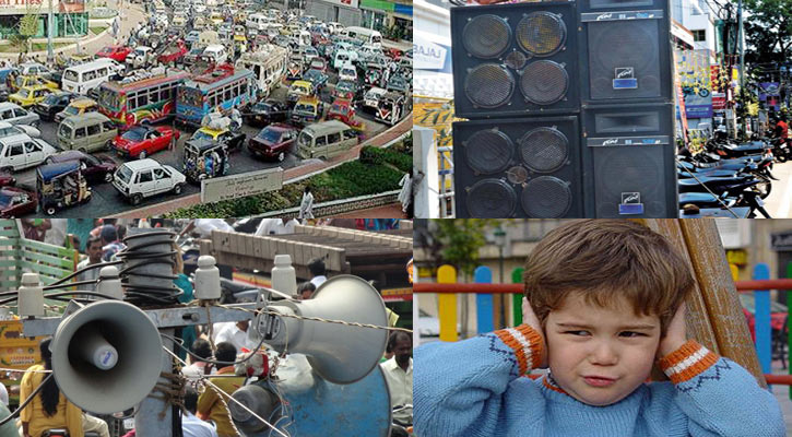 A busy city intersection filled with traffic, large speakers amplifying sound, and a child covering their ears from noise.
